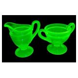 Green Sugar and Creamer Dish - Uranium Glass