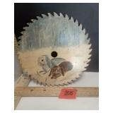 Painted Saw Blade Covered Bridge & Bunnies in Snow
