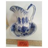 Blue & White Ceramic Porcelain Pitcher & Bowl