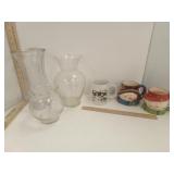 Clear Glass Vases 3 & Cow & Snowman Mugs 3