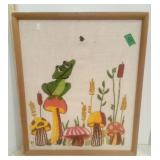 Frog & Mushrooms  Embroidered Wall Art