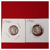 2 - 1940 Mercury 90% Silver Dimes