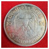 1934 Third Reich 5 Reichsmark 90% Silver Coin