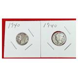 2 - 1940 Mercury 90% Silver Dimes