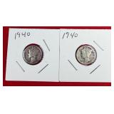 2 - 1940 Mercury 90% Silver Dimes