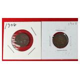 1906 & 1908 Indian Head One Cent Pennies