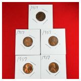 5 - 1957 Lincoln Wheat One Cent Pennies