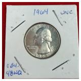 Uncirculated 1964 90% Silver Washington Quarter