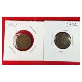 1901 & 1902 Indian Head One Cent Pennies
