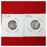 2 - 1940 Mercury 90% Silver Dimes