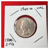 Uncirculated 1964-D Washington 90% Silver Quarter