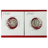 2 - 1940 Mercury 90% Silver Dimes