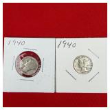 2 - 1940 Mercury 90% Silver Dimes