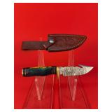 Custom Damasucs Gut Hook Skinning Knife W/ Sheath