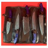 Custom Damascus 5-Piece Chef's Knife Set W/ Roll