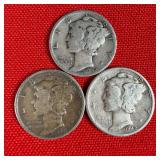 3 - 90% Silver Mercury Dimes; 1941 1942