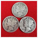 3 - 1939 90% Silver Mercury Dimes