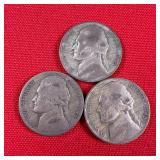 3 - 1945-P Wartime 35% Silver Jefferson Nickels