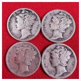 4 - 90% Silver 1936 Mercury Dimes