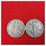 2 - 1941 Walking Liberty 90% Silver Half Dollars