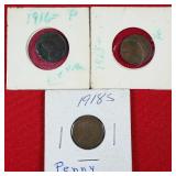 3 - Lincoln Wheat Pennies; 1915 1916 1918