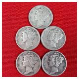 5 - 90% Silver 1943 Mercury Dimes