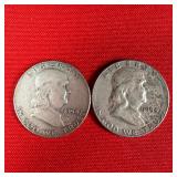 2 - 1954 90% Silver Franklin Half Dollars