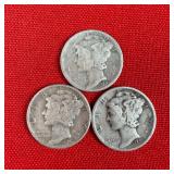3 - 1945 90% Silver Mercury Dimes