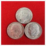 3 - 90% Silver 1957 Roosevelt Dimes