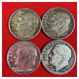 4 - 90% Silver Roosevelt Dimes; 1956 1964