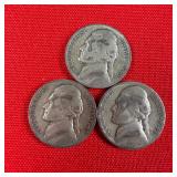 3 - 1943-P Wartime 35% Silver Jefferson Nickels