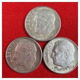 3 - 90% Silver Roosevelt Dimes; 1962 & 1964