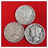 3 - 1940 90% Silver Mercury Dimes