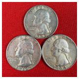 3 - 90% Silver Washington Quarters; 1962 1963 1964