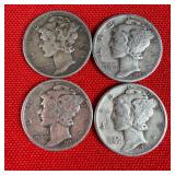 4 - 90% Silver Mercury Dimes 1939 1940 1941 1942
