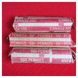 3 - 50 Cent Rolls of Unsorted Pennies