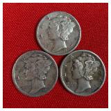 3 - 90% Silver Merucry Dimes; 1937, 1939, & 1944