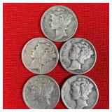 5 - 1944 90% Silver Mercury Dimes
