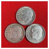 3 - 90% Silver Roosevelt Dimes; 1963 1964
