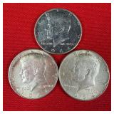 3 - 1964 90% Silver Kennedy Half Dollars
