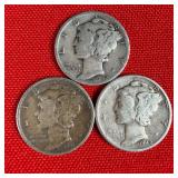 3 - 90% Silver Mercury Dimes; 1941 1942