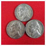 3 - 1943-P Wartime 35% Silver Jefferson Nickels