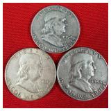 3 - 1954 90% Silver Franklin Half Dollars