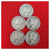 5 - 90% Silver 1942 Mercury Dimes