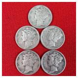 5 - 90% Silver 1943 Mercury Dimes