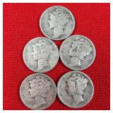 5 -1942 90% Silver Mercury Dimes