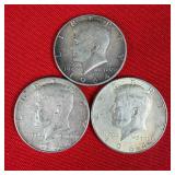 3 - 1964 90% Silver Kennedy Half Dollars