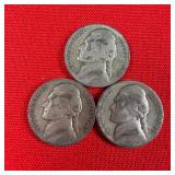 3 - 1943-P Wartime 35% Silver Jefferson Nickels