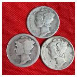 3 - 90% Silver Mercury Dimes; 1917 1949 1943
