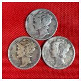 3 - 90% Silver Mercury Dimes; 1929 1944 1945